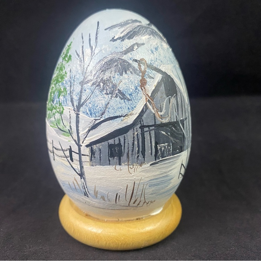 Hand Painted Egg Winter Scene Barn Canada Goose Trees Signed D Puckett